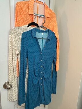 3 Free People Shayla Long Sleeve Mini Dresses Orange, Blue, Ivory Medium